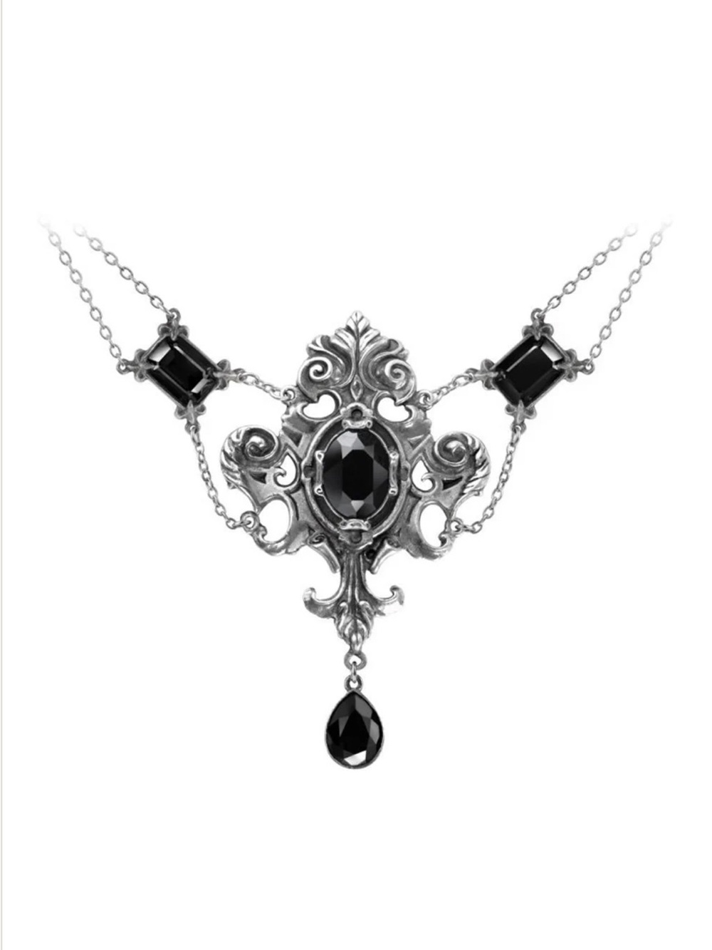 Ornate Silver-Tone Necklace with Black Gem Accents - Women's Jewelry